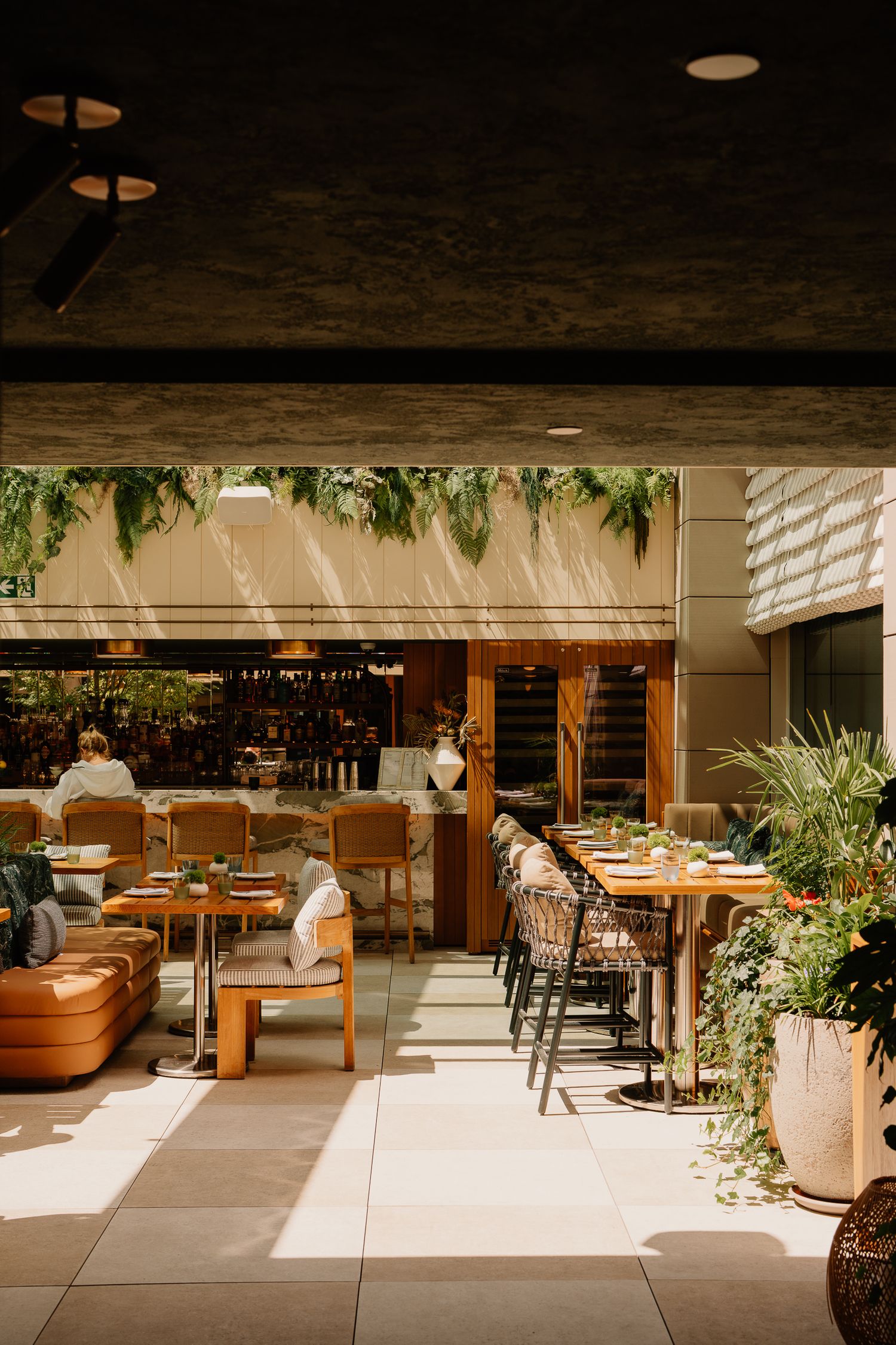 Modern restaurant terrace with wooden furniture, plants and natural sunlight streaming through creating a warm ambiance.