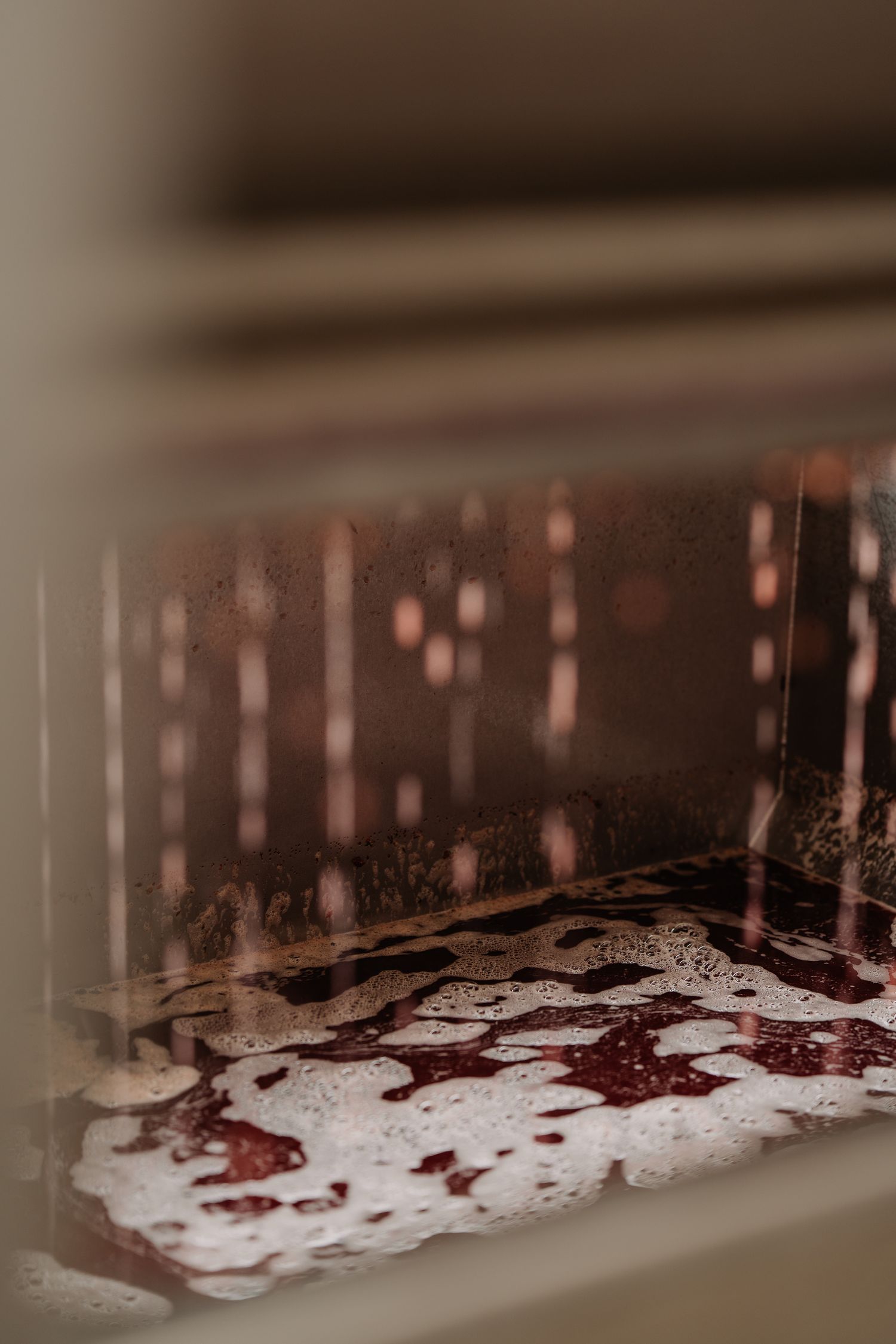 Close-up view inside an oven with bubbling red berry pie or cobbler baking on the rack.
