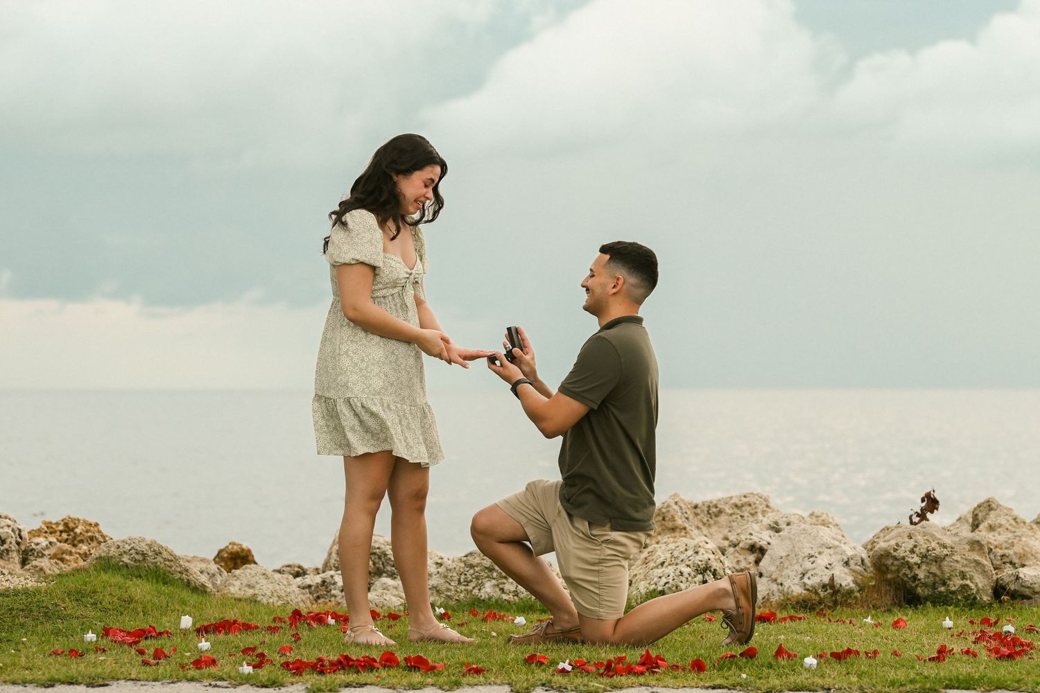 A surprise proposal takes place on a scenic coastal cliff decorated with red flowers.