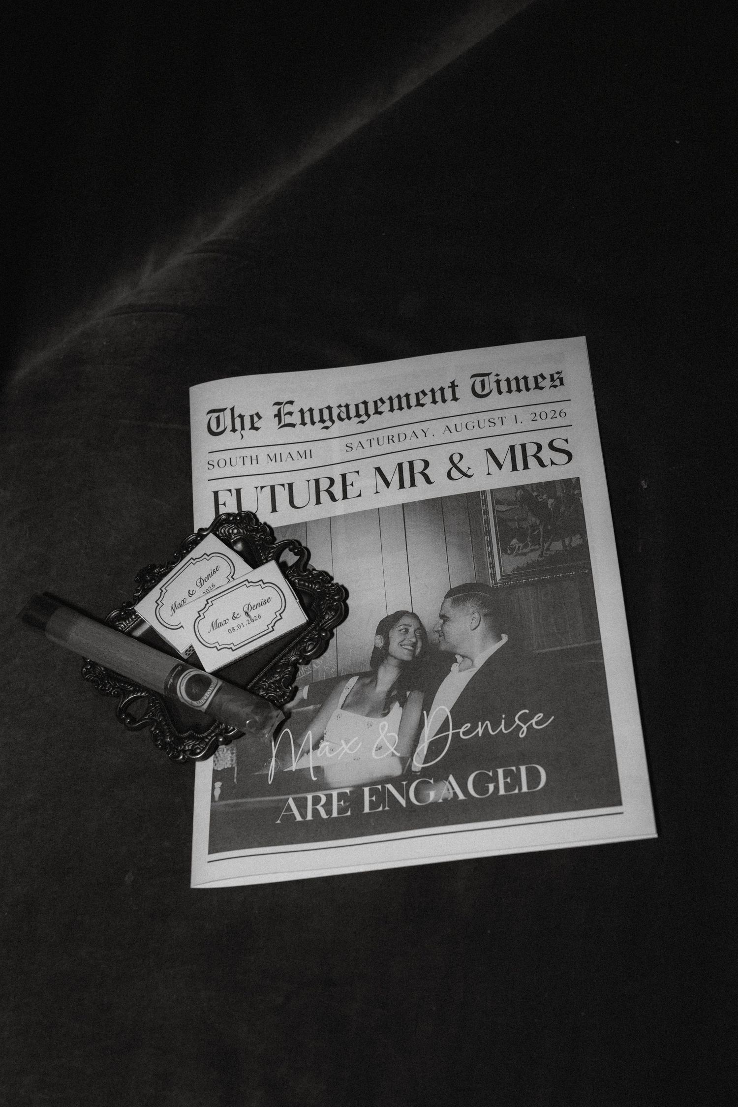 Black and white photo of The Engagement Times newspaper featuring Future Mr & Mrs Nick and Denise Are Engaged, South Miami.