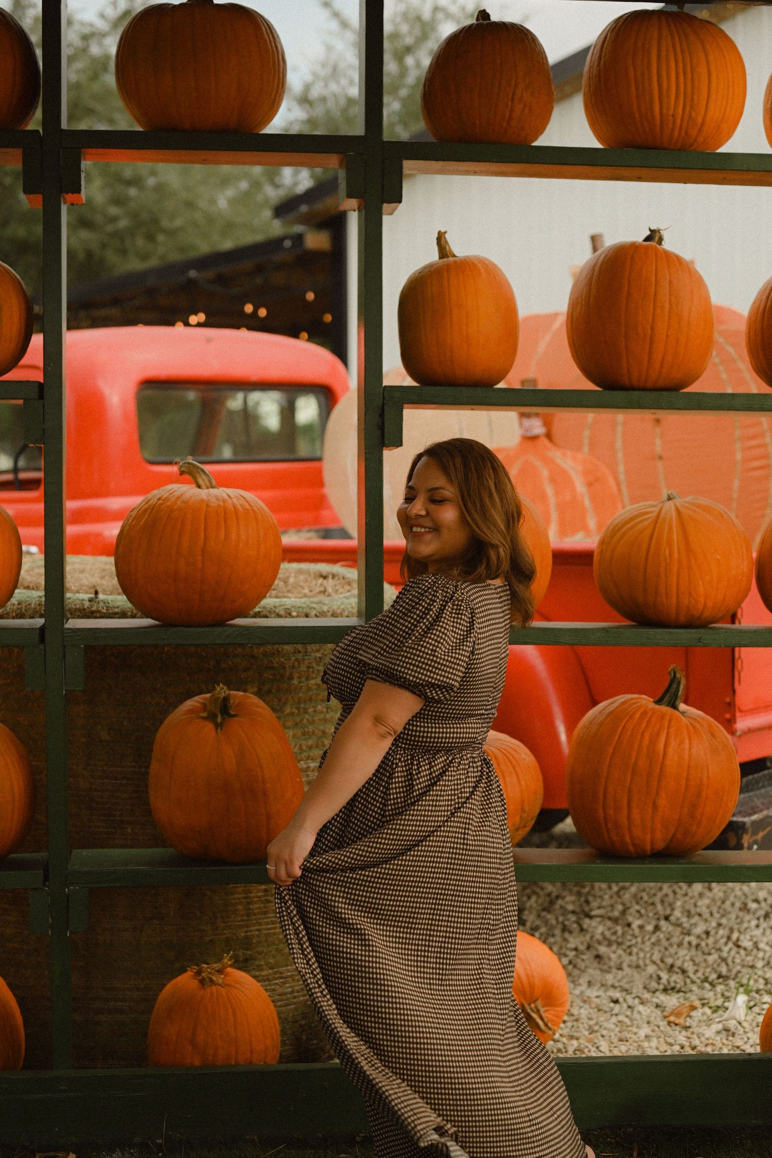 Orange pumpkins displayed on wooden shelves with a vintage red truck in the background at a fall market.
