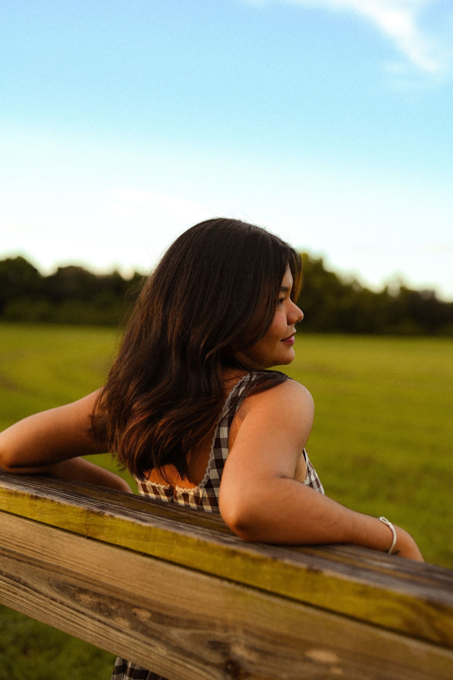 Person with long dark hair leans on wooden railing at sunset in a grassy field on a summer evening.