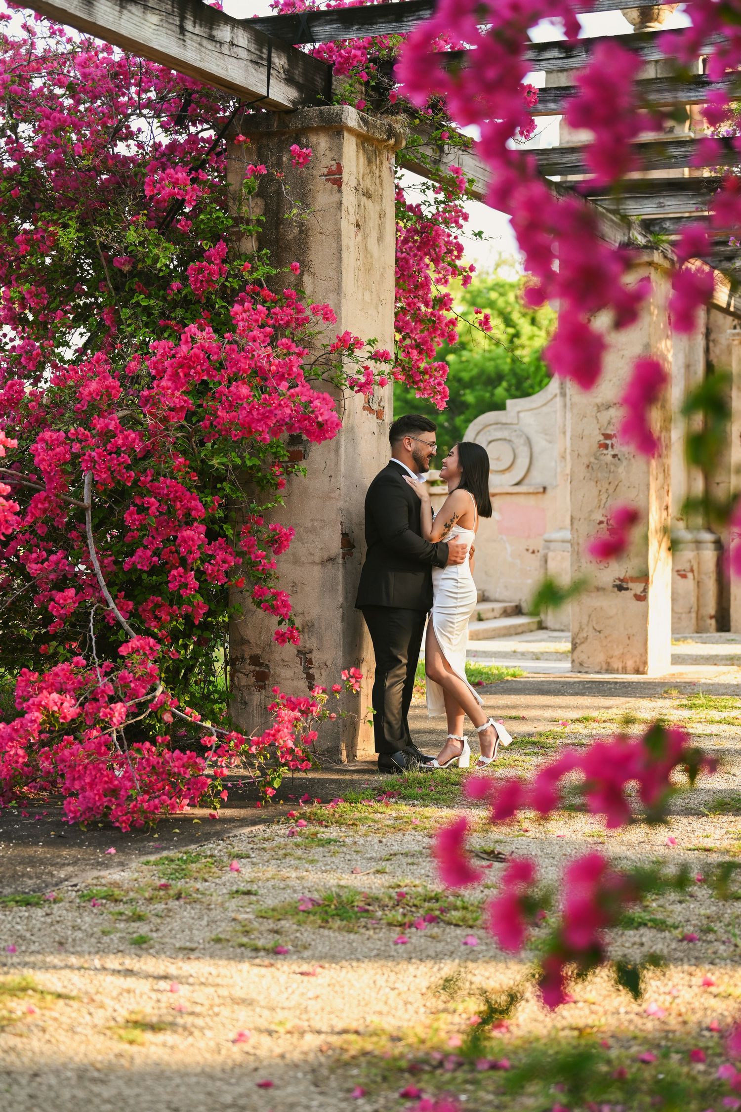 A romantic moment under a pergola with vibrant pink bougainvillea flowers blooming overhead.