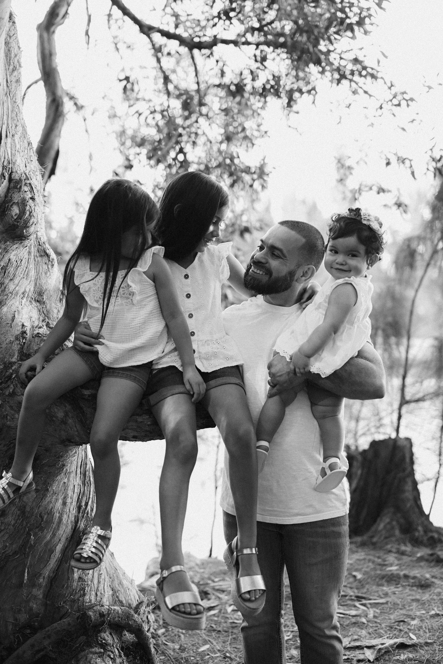 Playful family photo sequence showing joyful interactions outdoors.