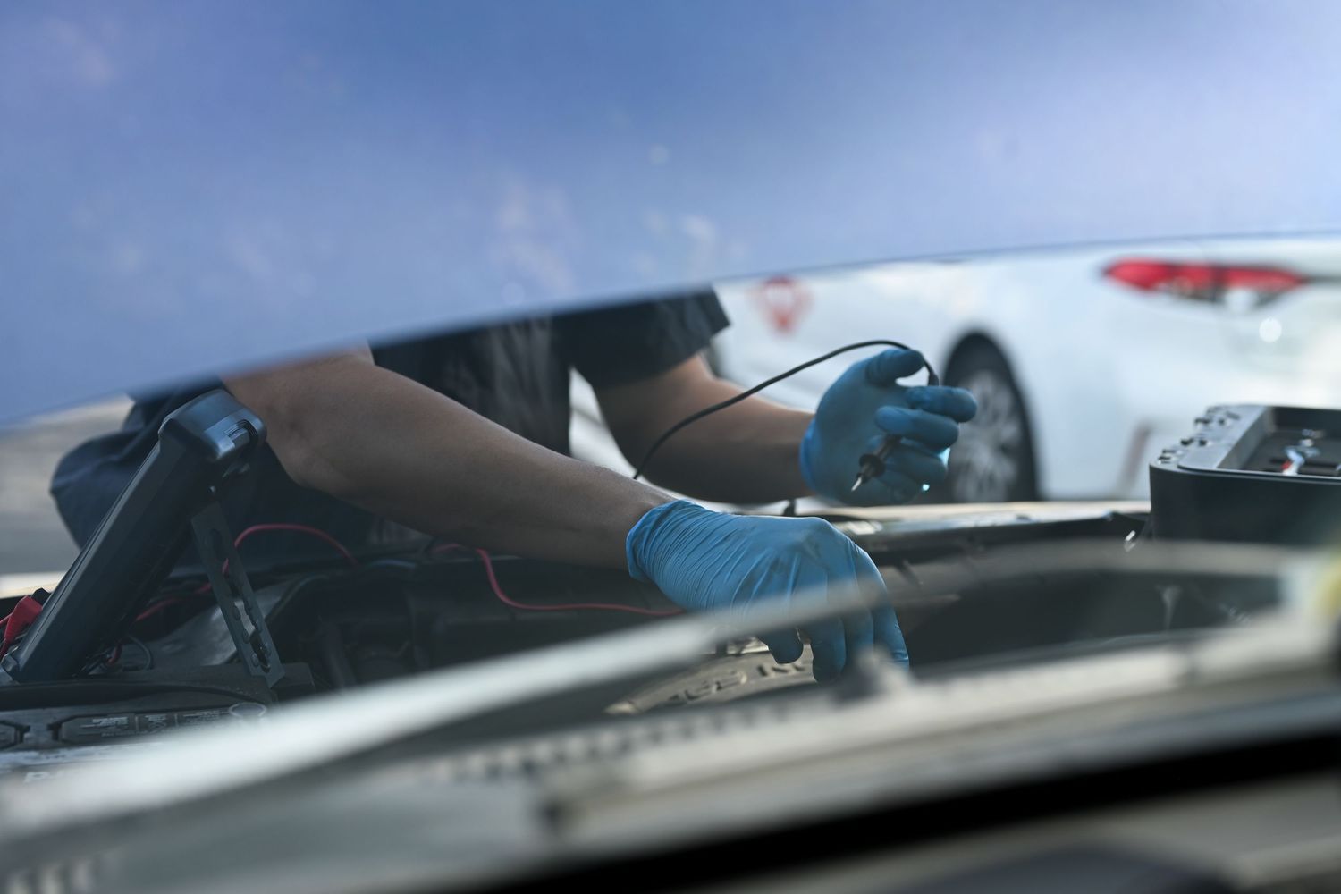 Auto mechanic working under a car during a detailed inspection.