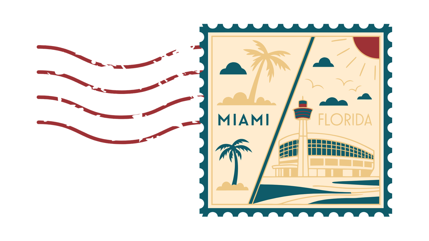 A row of vintage postage stamps featuring Miami beach scenes with palm trees and wavy postmarks.