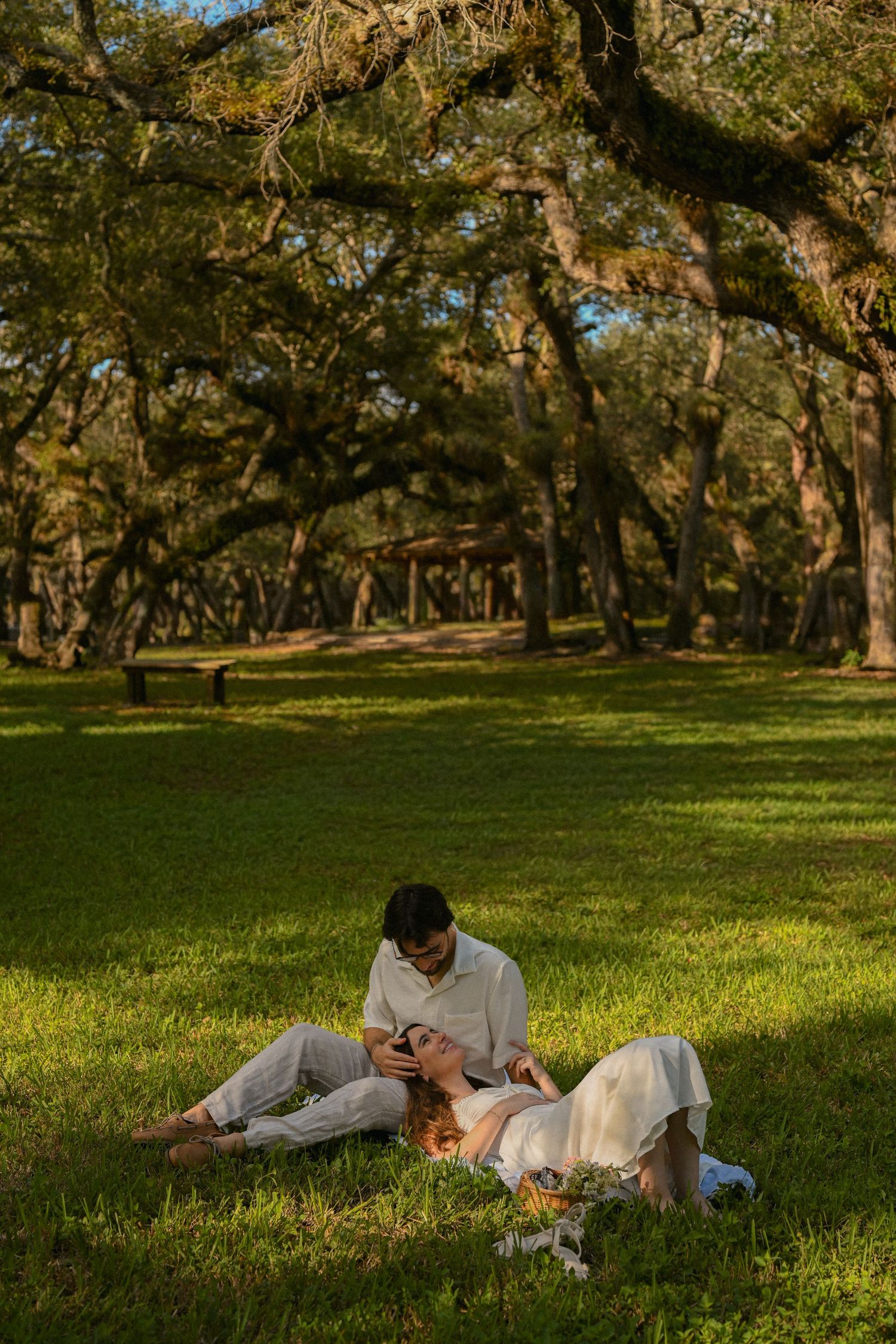 A couple relaxes together on a grassy lawn beneath large oak trees in a serene park setting during golden hour.
