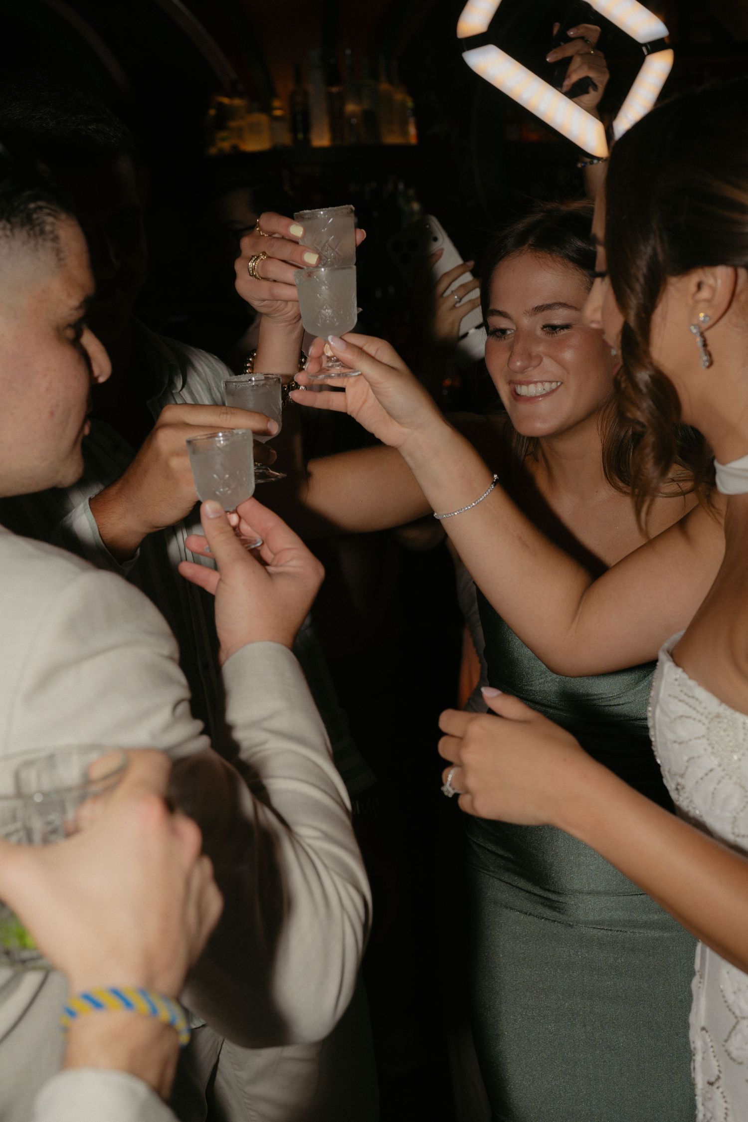 A group of smiling wedding guests raising glasses in a celebratory toast at a reception party.