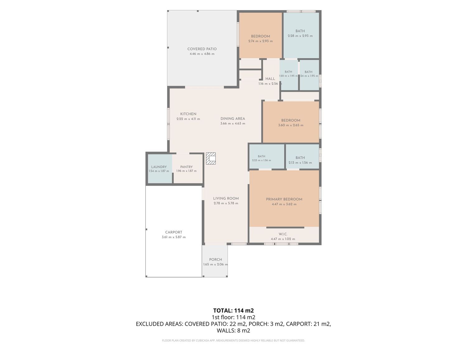 Detailed floor plan showing a 114m2 home layout with multiple bedrooms, living areas, kitchen, and covered patio.