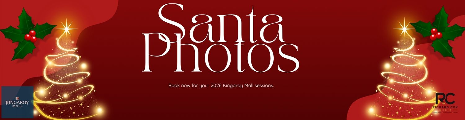 Red banner with golden Christmas trees and Santa Photos text promoting holiday photo sessions.