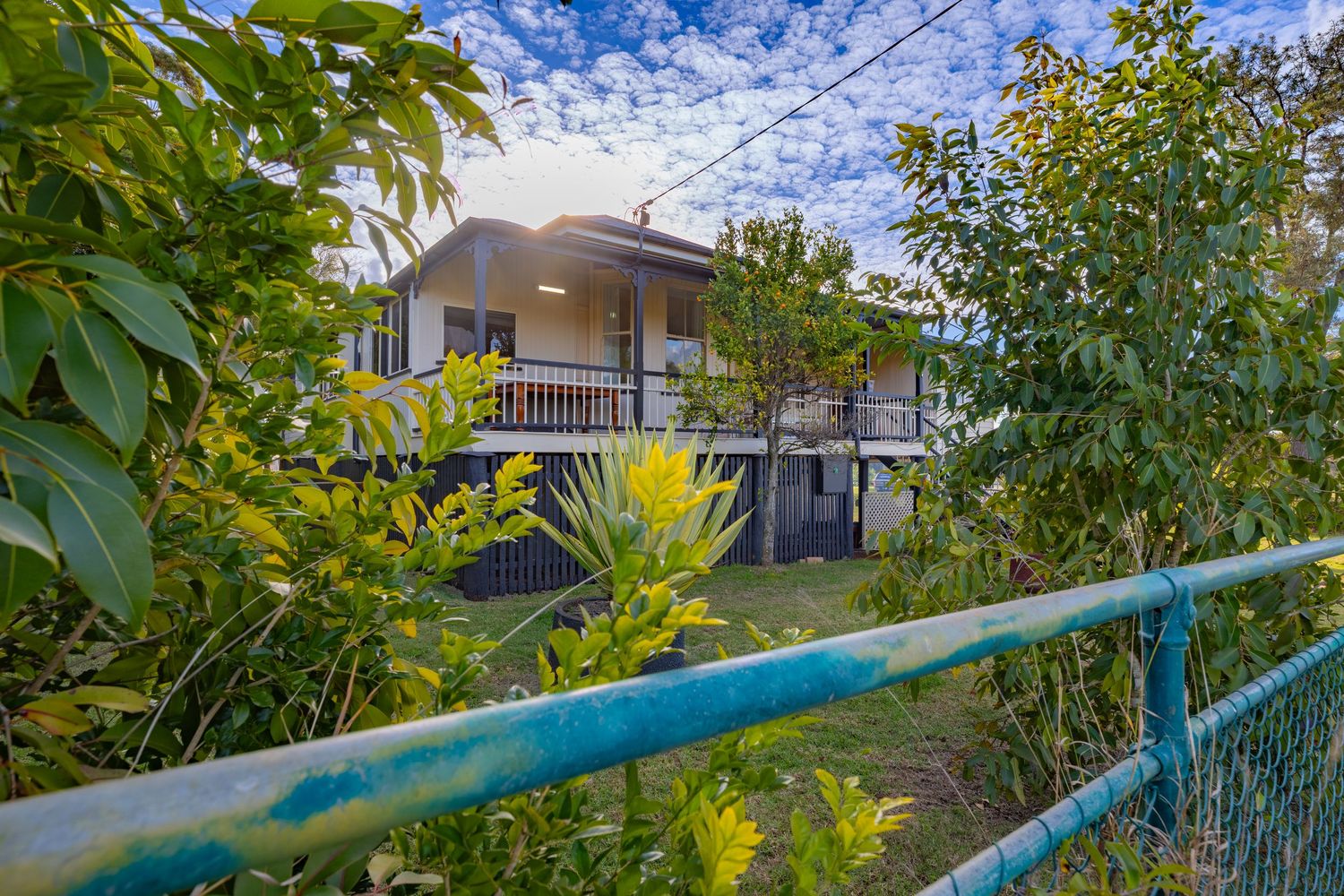 A two-story house surrounded by lush green trees and shrubs with a blue painted fence in the foreground.
