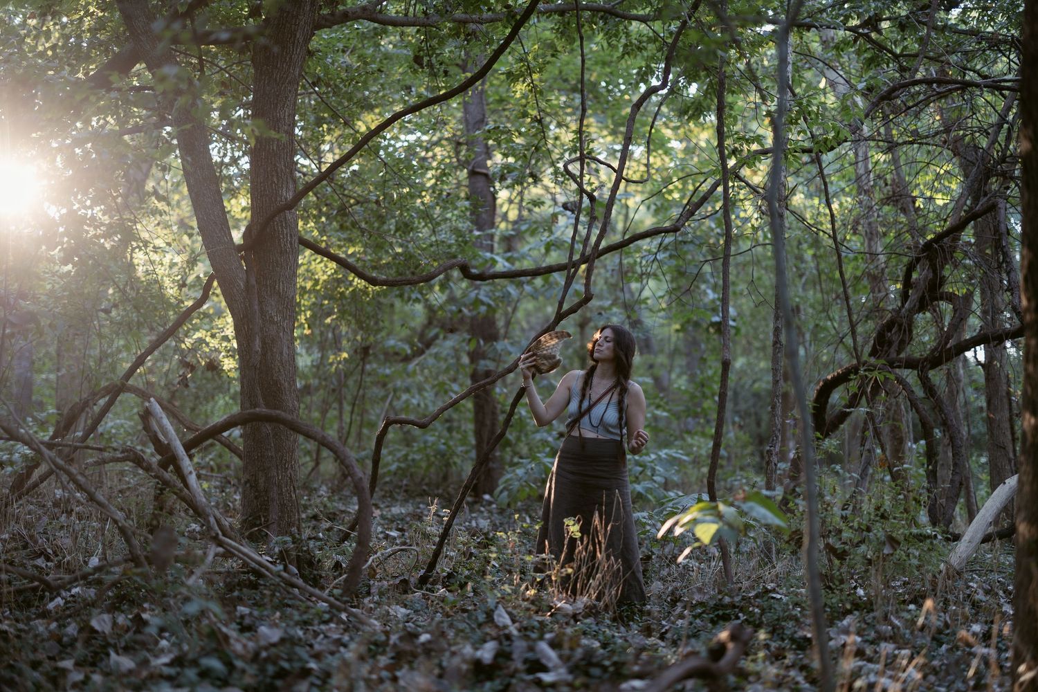A person hikes through a lush green forest trail during golden hour sunlight filtering through the trees.
