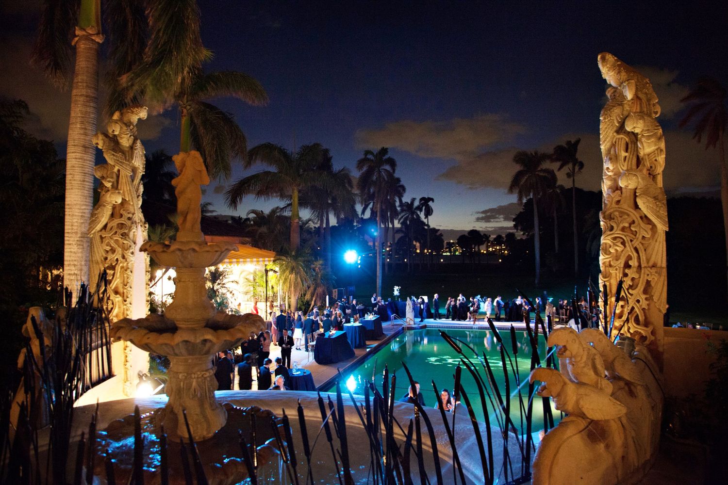 Illuminated outdoor pool area with palm trees and night party setting.