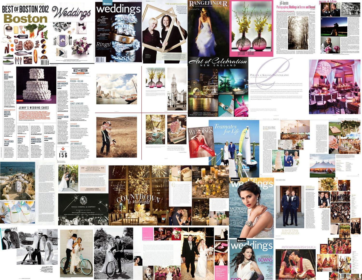 A collage of various wedding photography images showcasing romantic moments and decorative details.