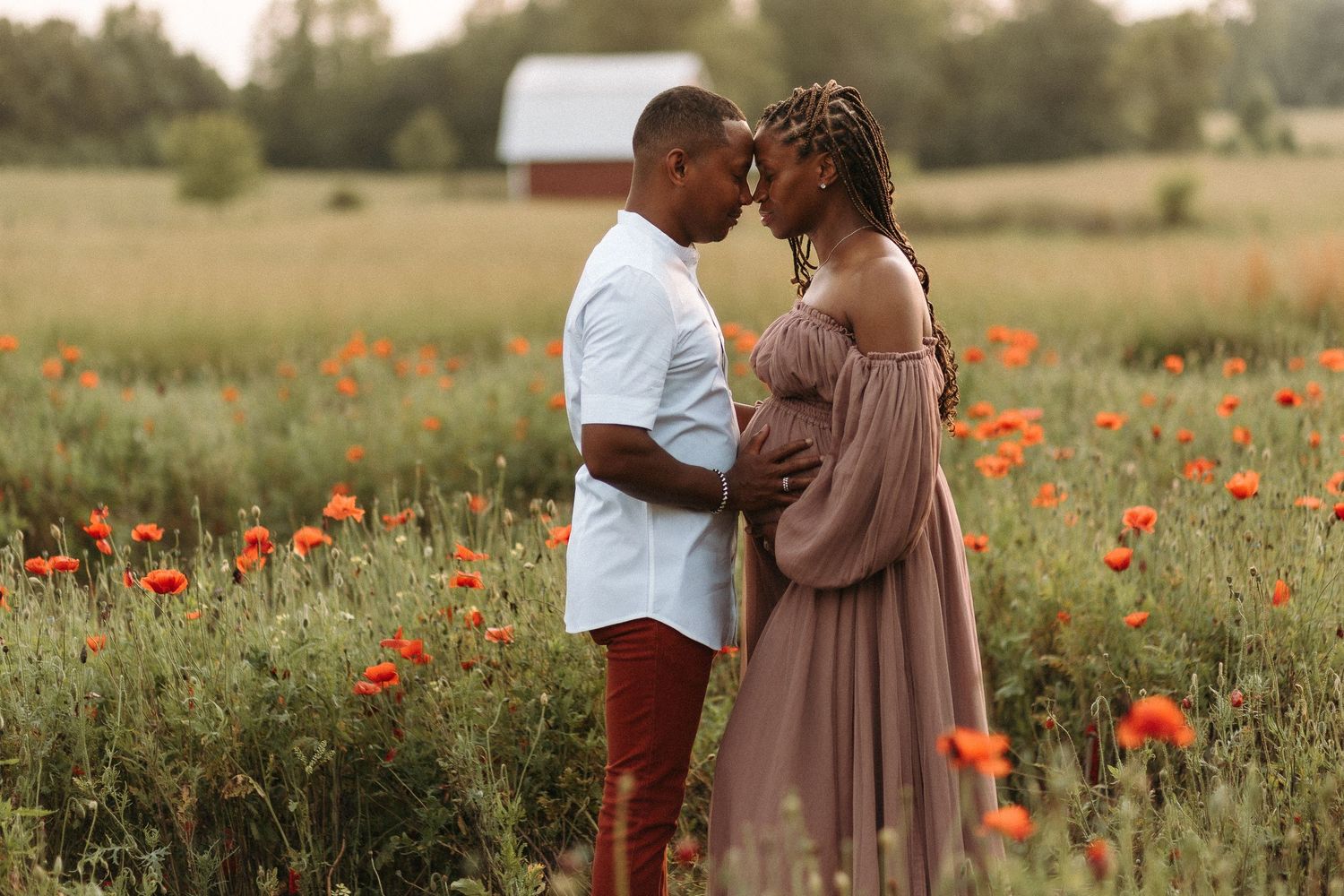 Couple sharing an intimate moment in a vibrant poppy field, with a pregnant woman in a mauve gown and a red barn backdrop.