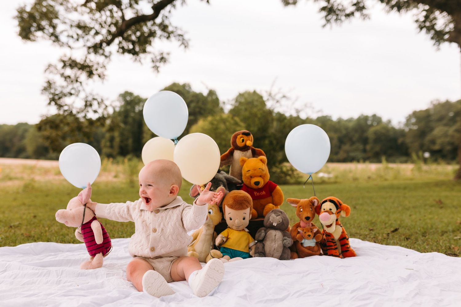 Baby sitting on white blanket outdoors with Winnie the Pooh stuffed animals and white balloons in a green field.