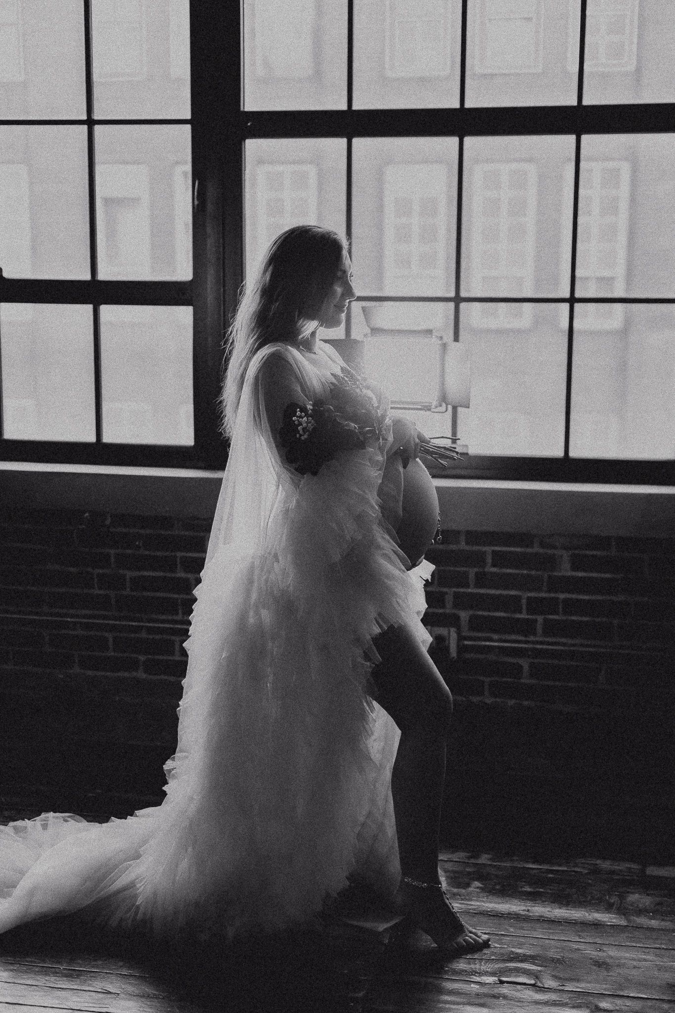 A dramatic silhouette of an expecting mother in a flowing gown by a window.