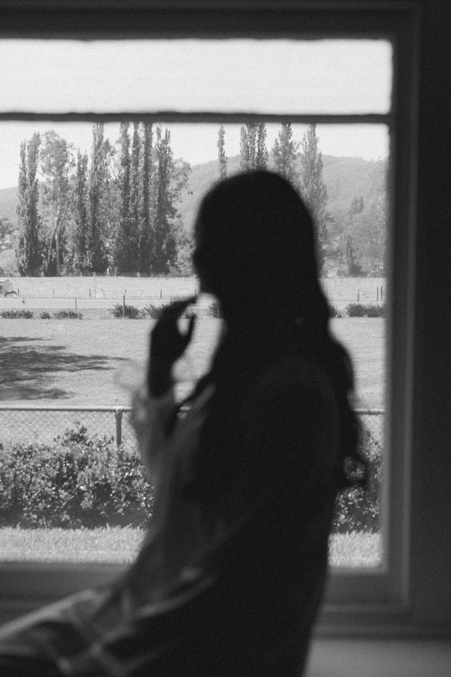 A silhouette of a person by a window with tall trees visible outside.