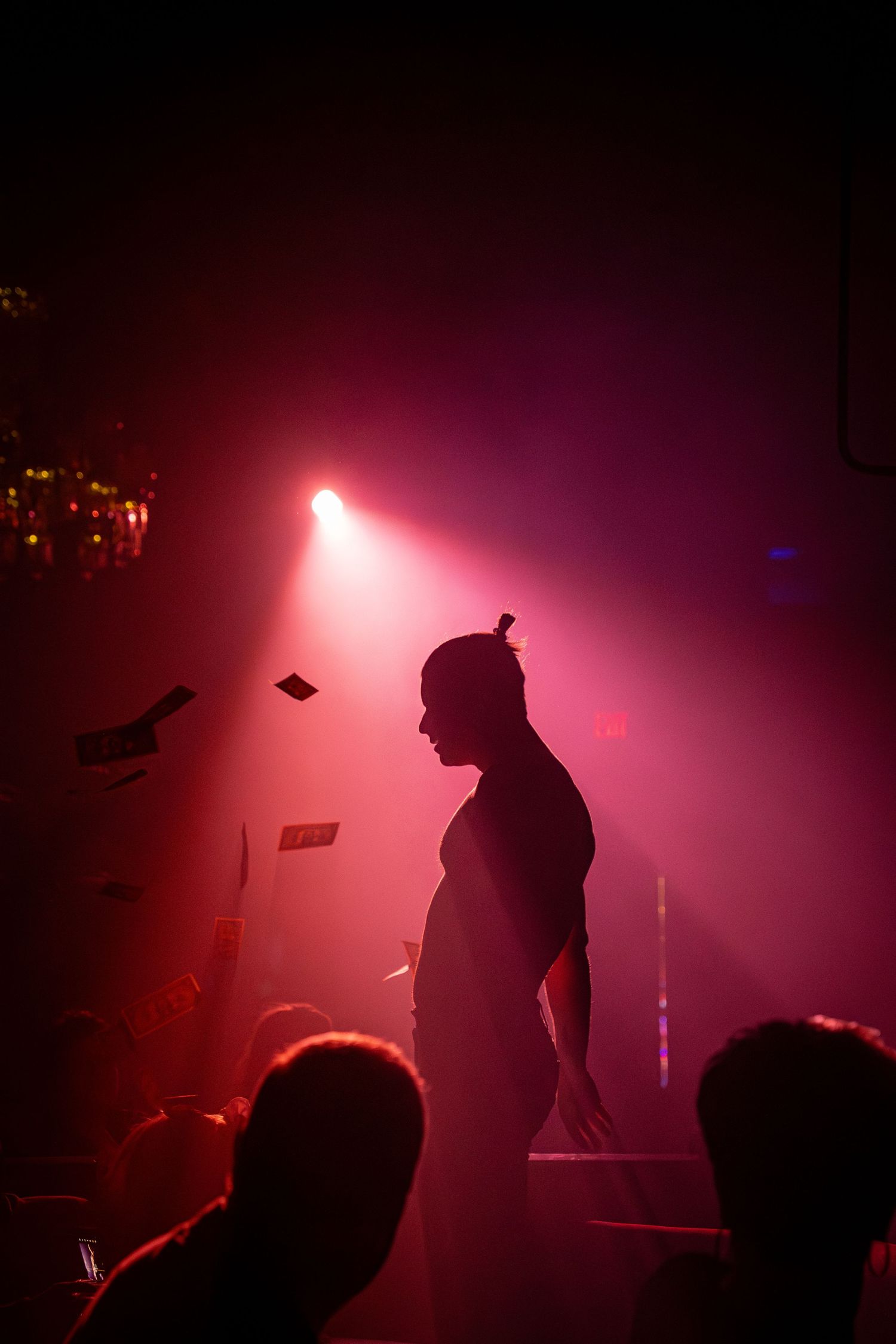 Silhouetted figure stands on stage with dramatic red and purple lighting effects.