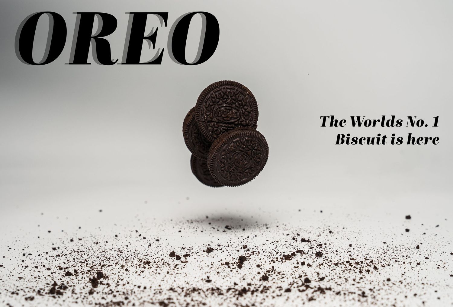 Oreo cookie product photography with dramatic floating and crumbling effects.