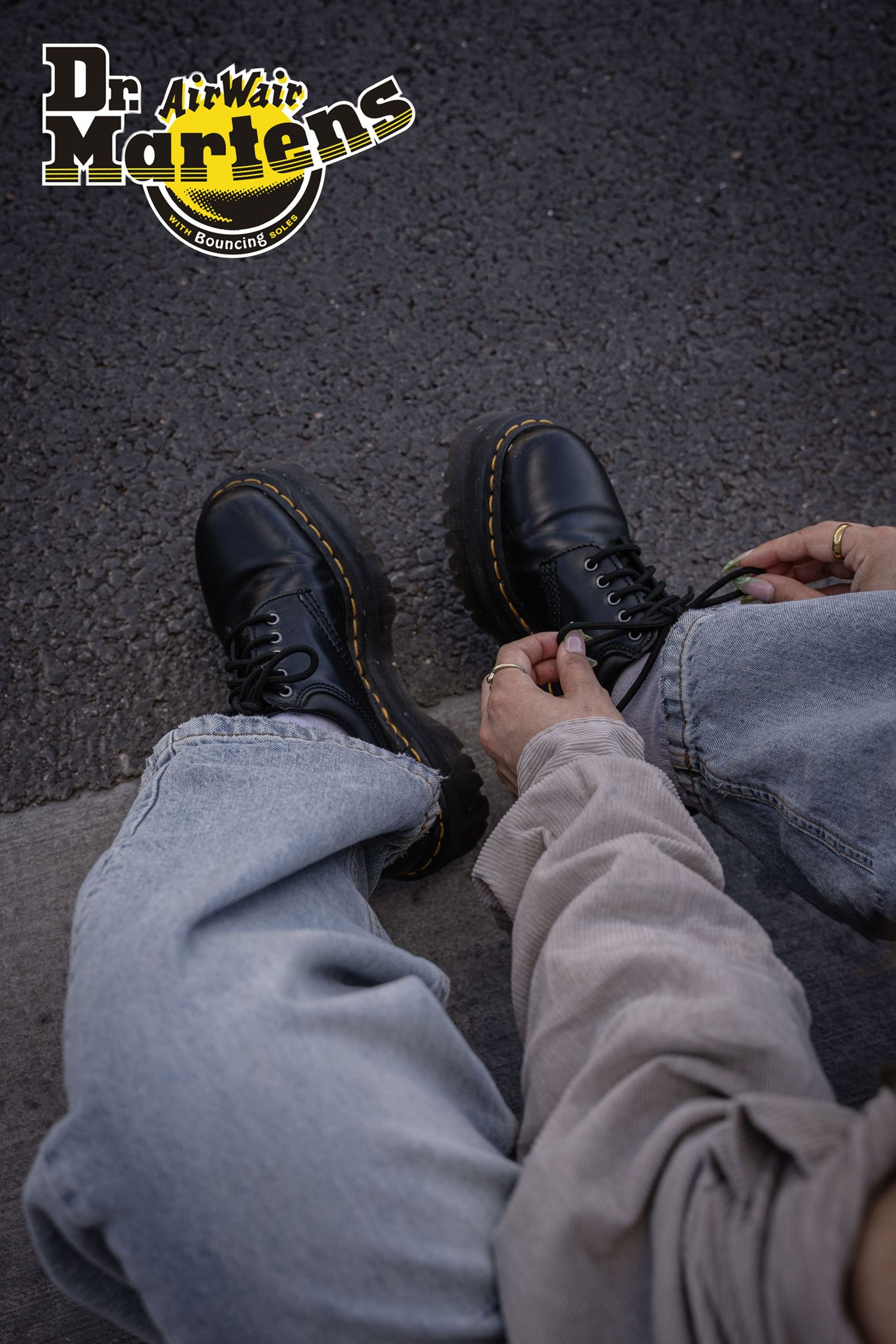 Detail shots of black boots and light gray pants against dark ground.