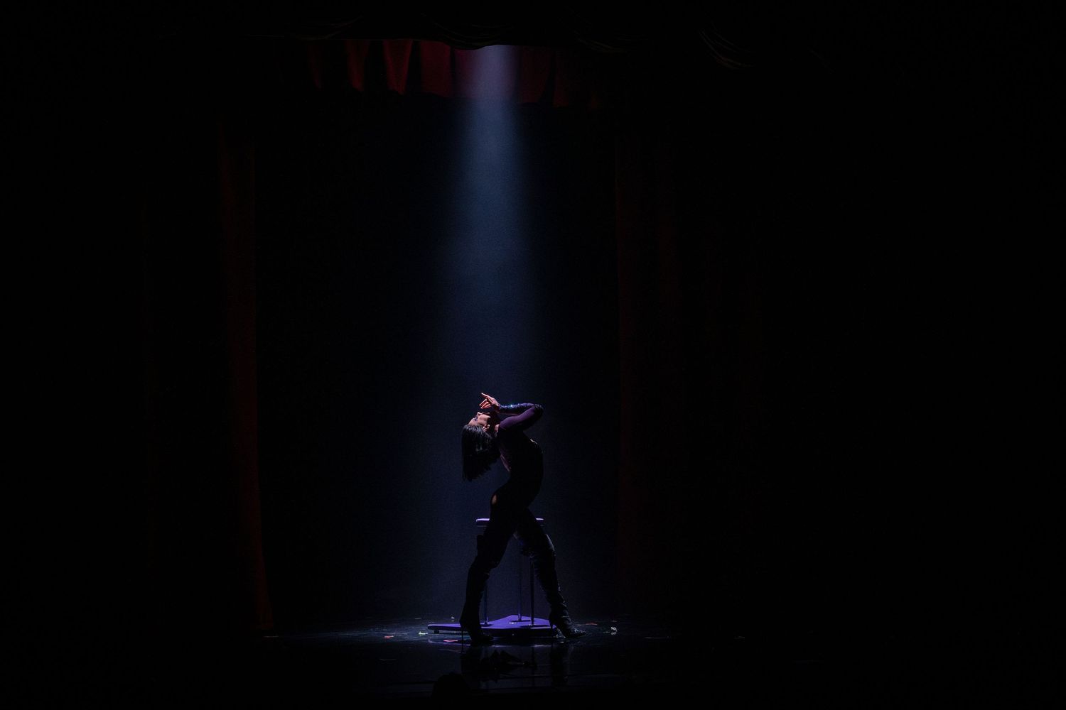 Solo performer silhouetted against dark stage with dramatic spotlighting.