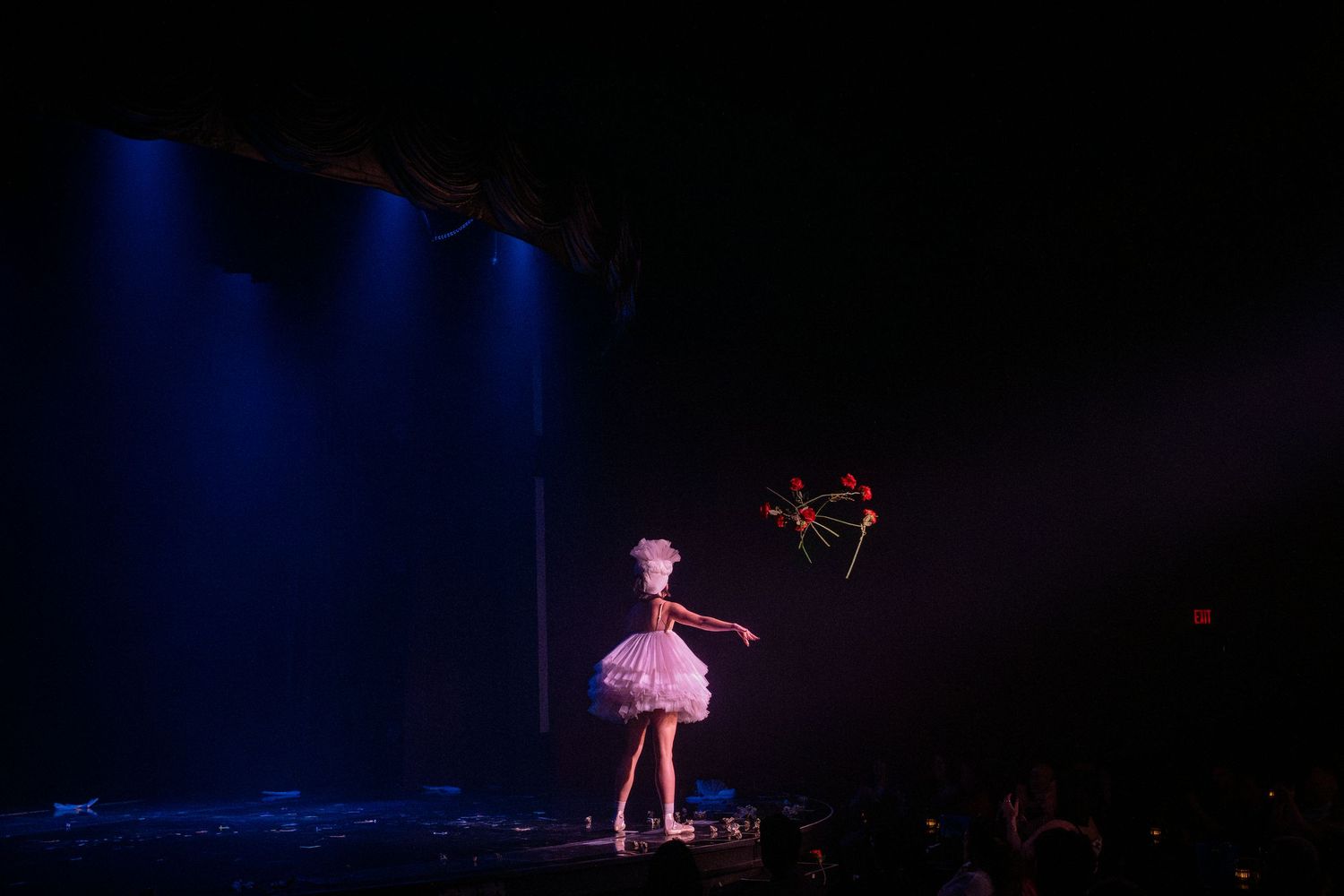Performer in pink tutu balancing on stage with floating props.