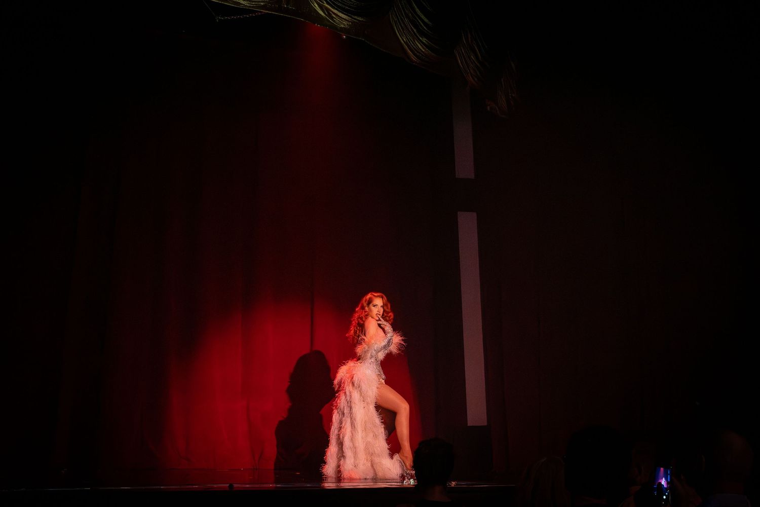 A silhouetted figure performs against a red-lit curtain backdrop on a theatrical stage.