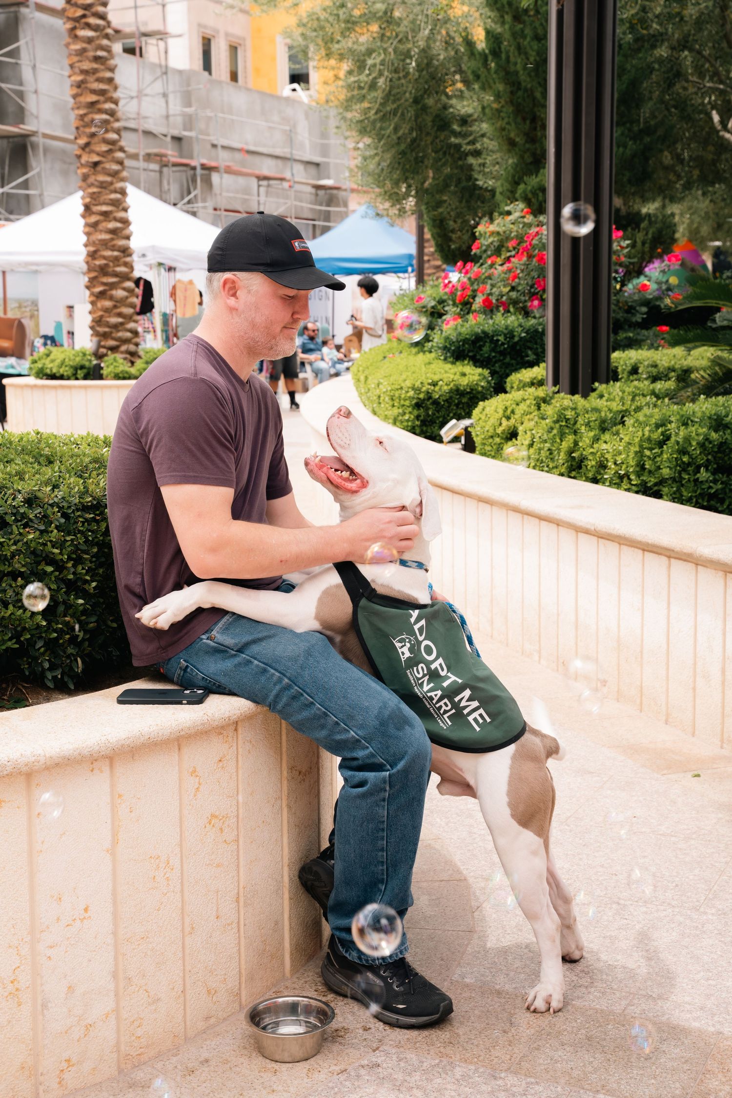 Man sitting on ledge with white and brown dog wearing event branded gear.