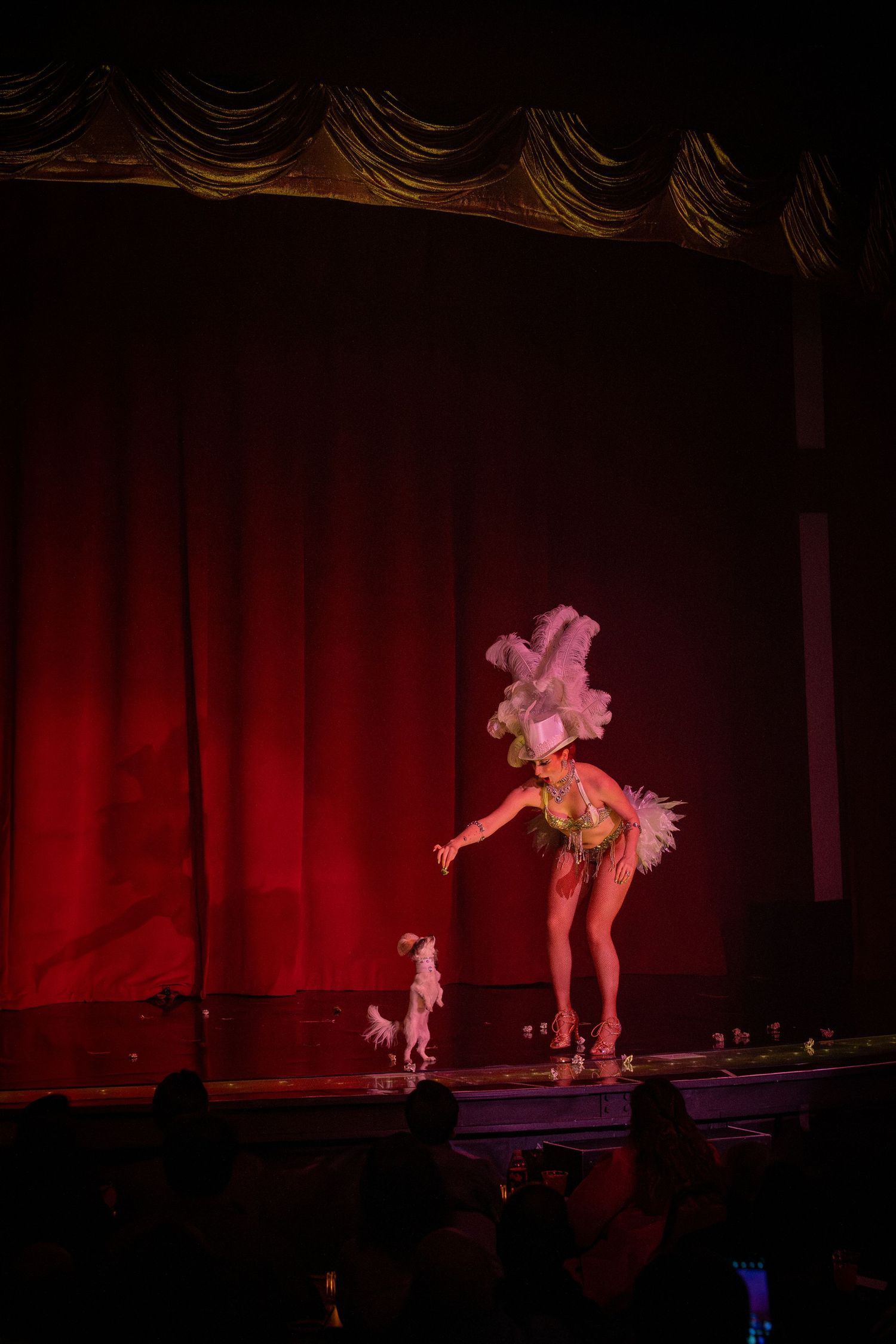 Burlesque performance on stage with red curtain backdrop and dramatic lighting.