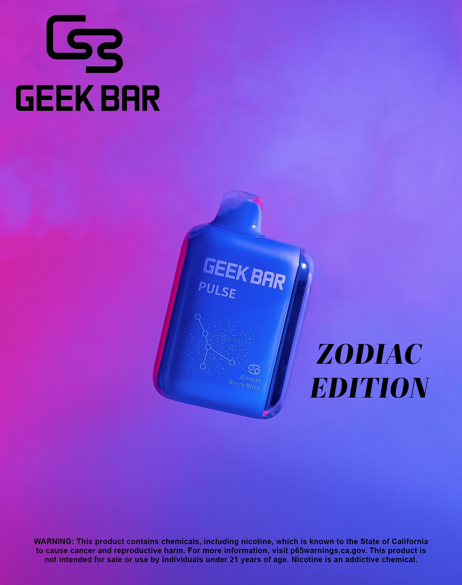 Geek Bar zodiac edition vaping device shown against purple gradient background.