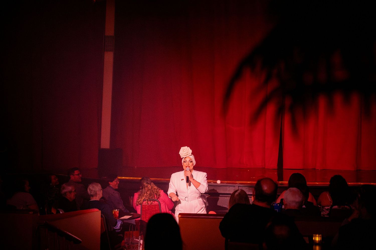 Stage performer entertaining audience in intimate cabaret setting with red backdrop.