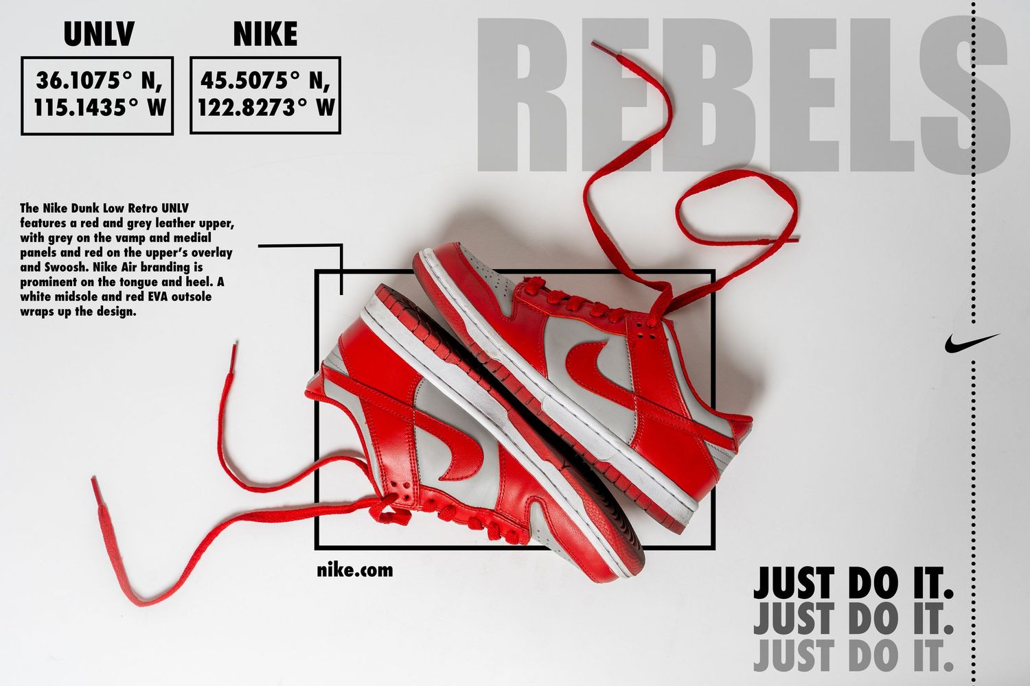 Nike x UNLV sneaker advertisement featuring red and white sneakers with measurement details.