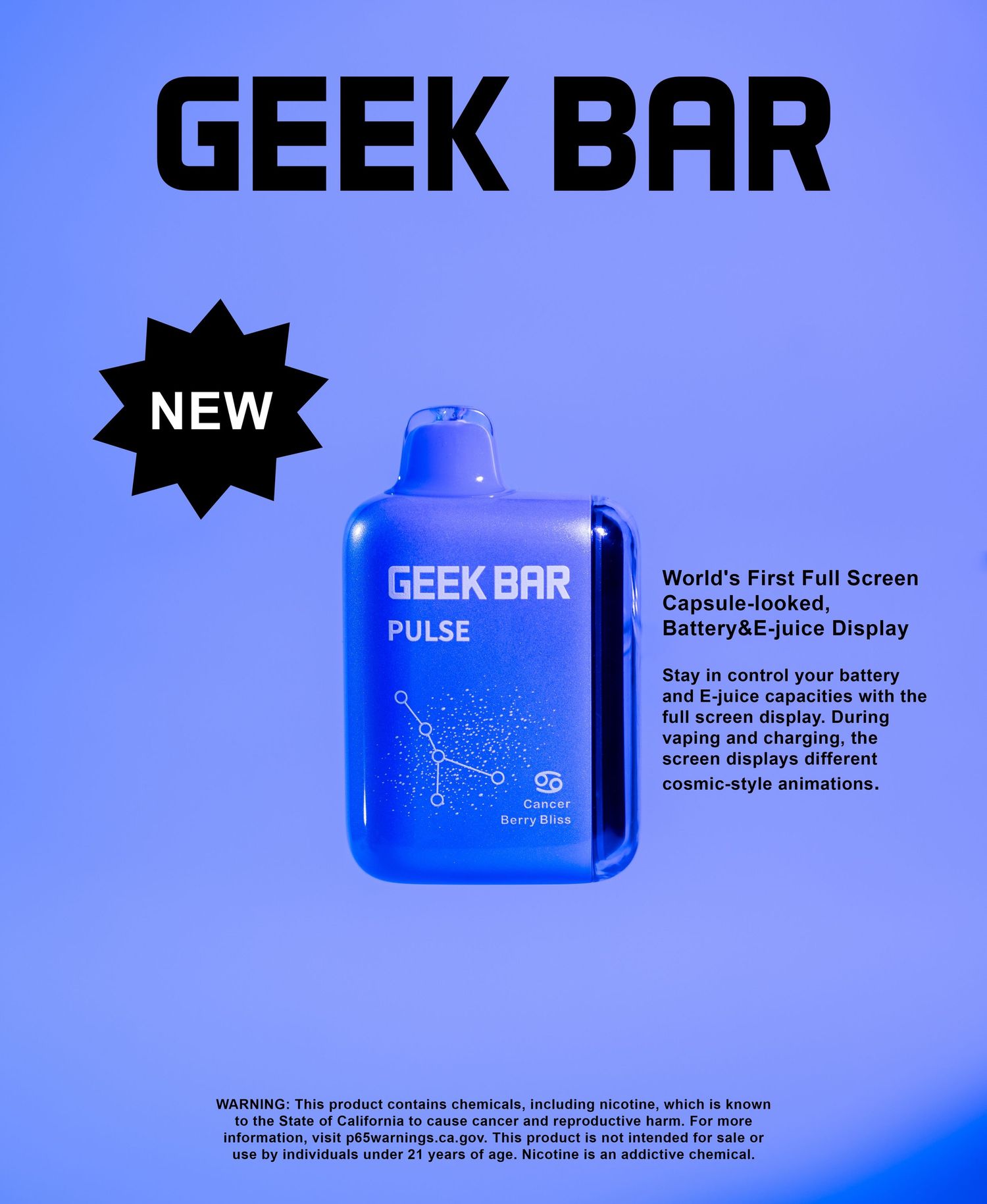 Geek Bar vaping device promotional images with blue lighting and product specifications.