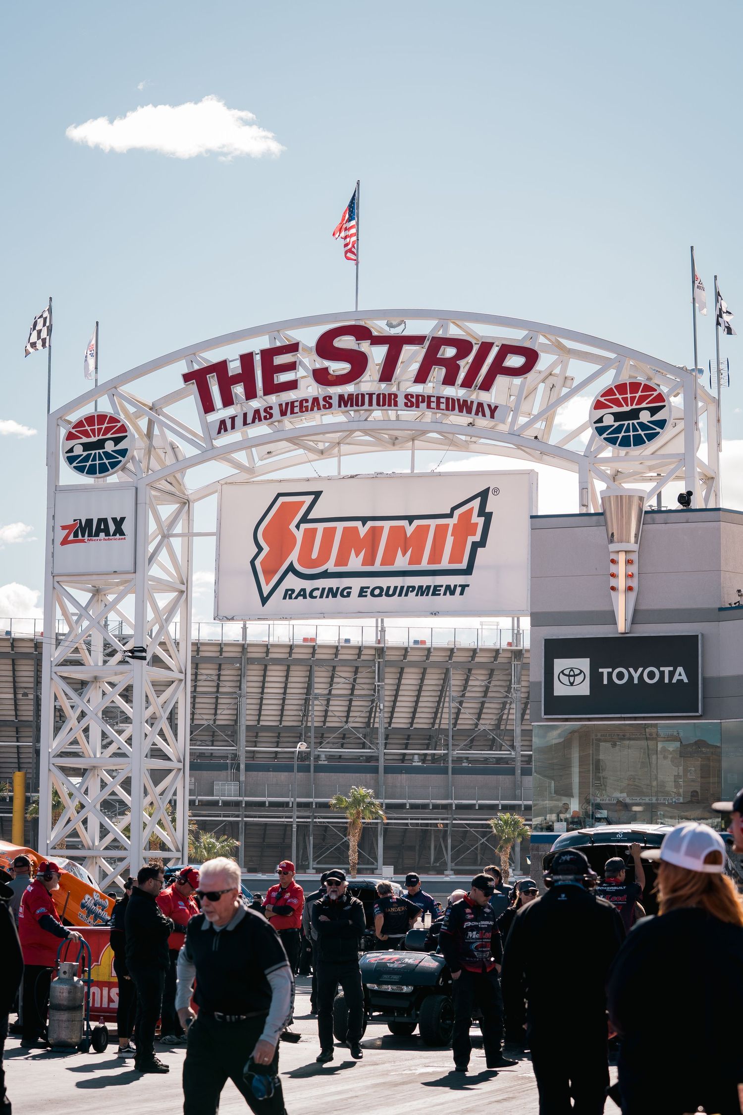 The Strip at Las Vegas Motor Speedway entrance archway with Summit Racing Equipment branding.