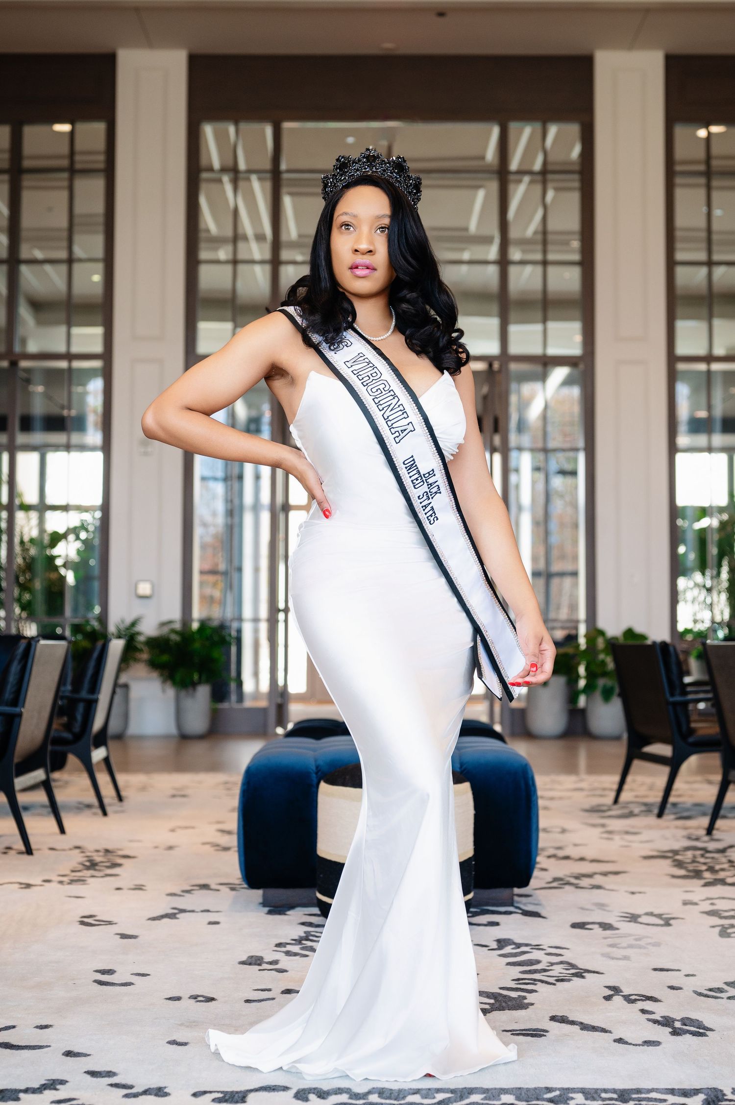Beauty pageant contestant in white evening gown poses elegantly in sequence of glamorous photos at indoor venue.