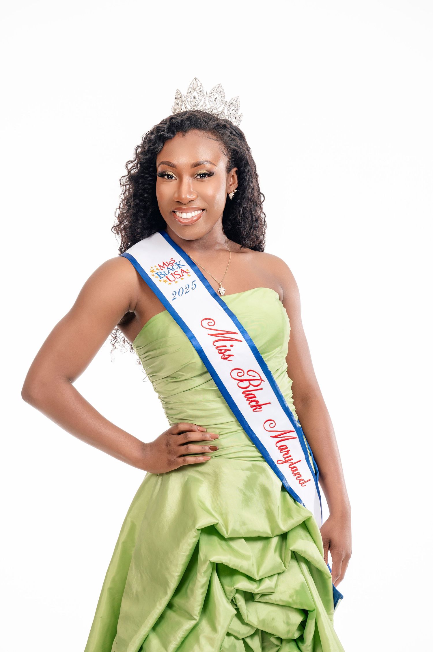 Beauty pageant contestant poses in lime green evening gown with white and blue sash in multiple angles.