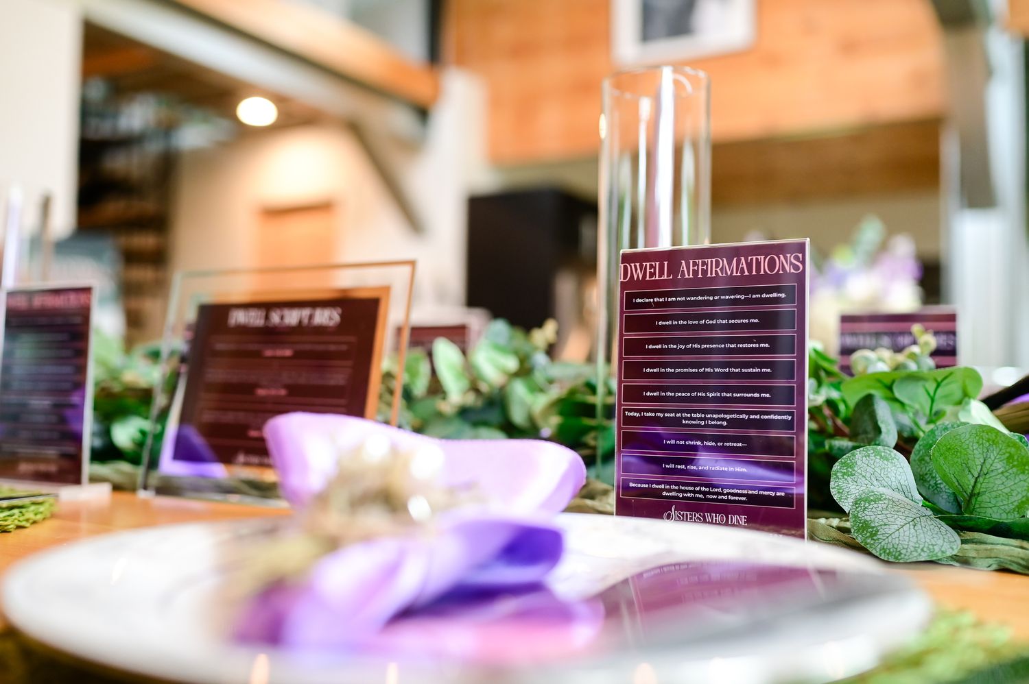 Elegant table setting with purple floral decor and 