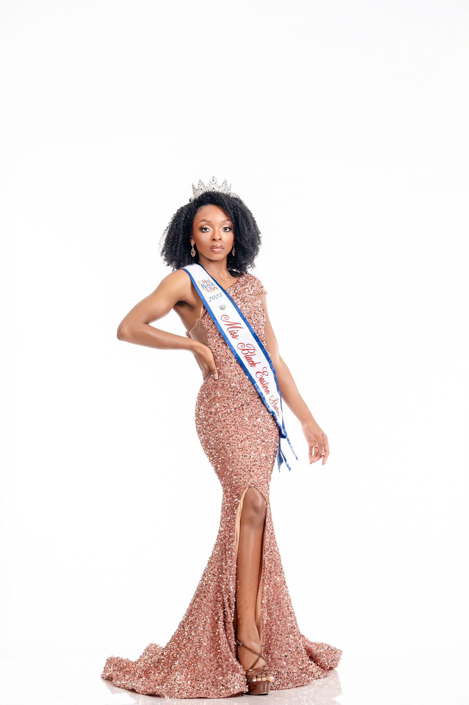A pageant contestant in a sparkling rose gold gown and sash poses elegantly in a photo series against a white backdrop.