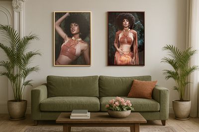 A modern living room features a green sofa, potted palm plants, and vintage portrait artwork on white walls.