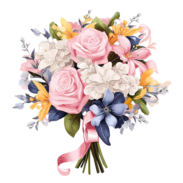 Beautiful bouquet with pink roses, white carnations, lilies, navy blue bow and delicate butterfly accents tied with ribbon.