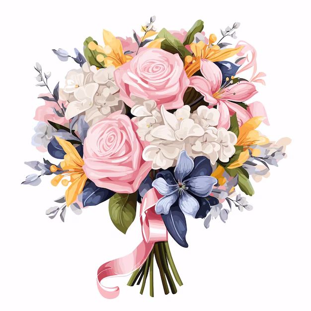 A watercolor bouquet with pink roses, white carnations, blue flowers and peach lilies tied with a pink ribbon.