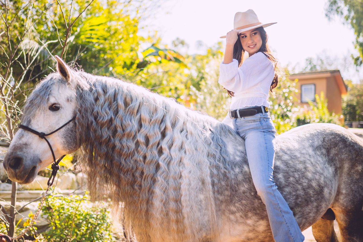 Woman in cowboy hat and jeans sitting on a dapple gray horse outdoors surrounded by lush greenery.
