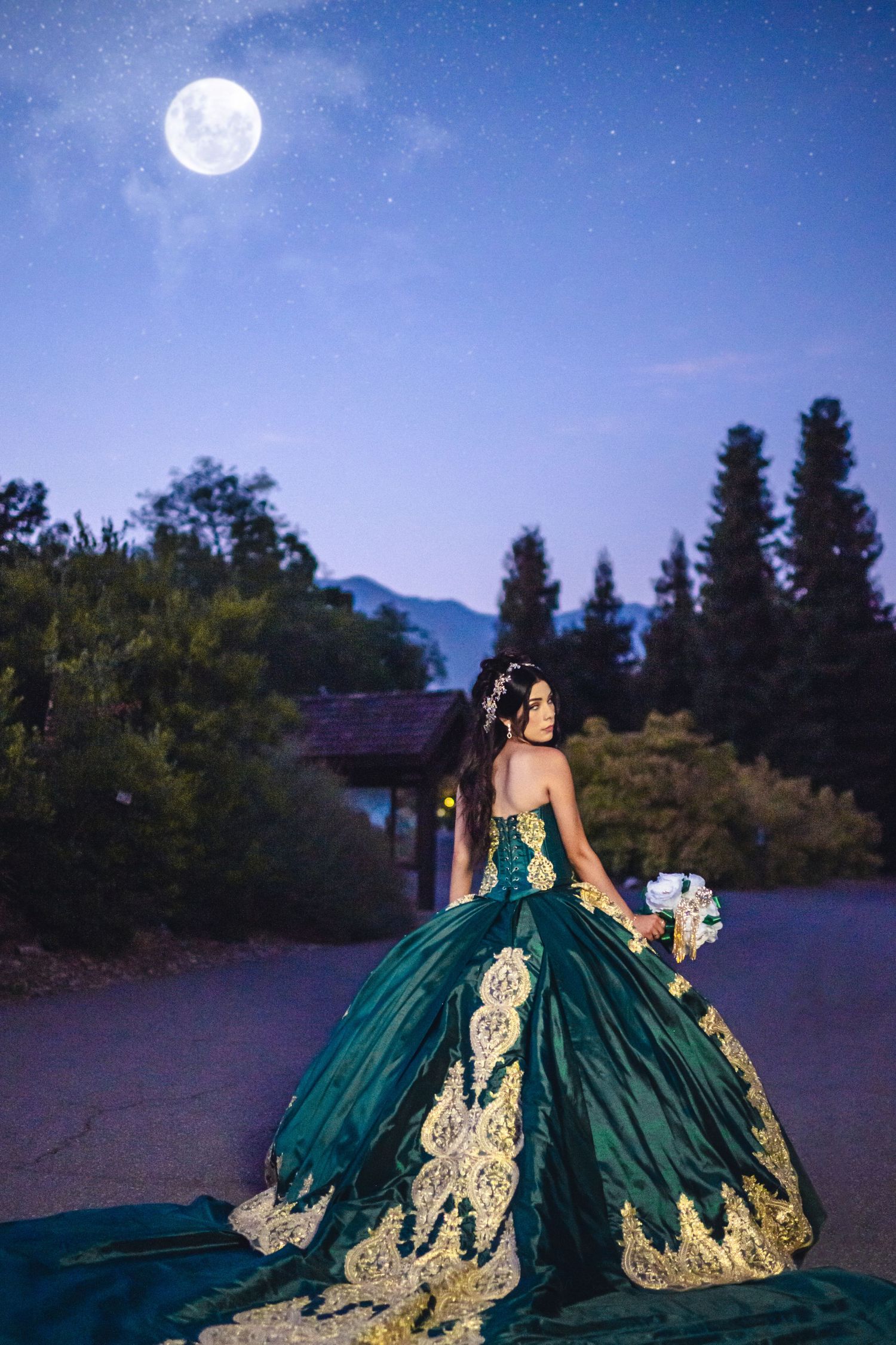 Stunning emerald green and gold ballgown photographed under a full moon with mountain landscape backdrop.