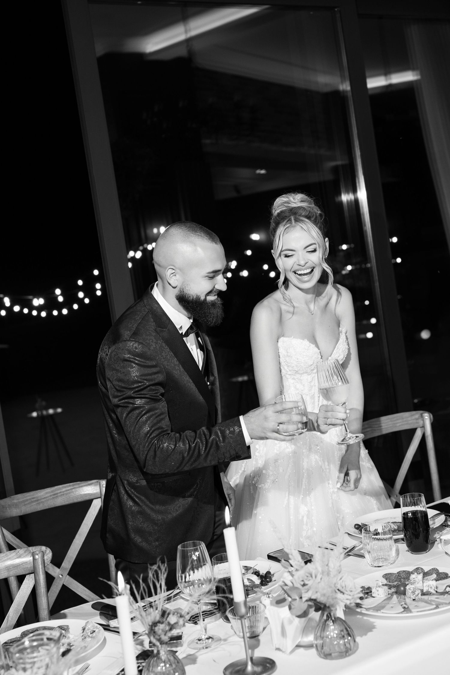 A sequence of wedding reception photos shows a couple sharing laughter and joyful moments at their dinner table.