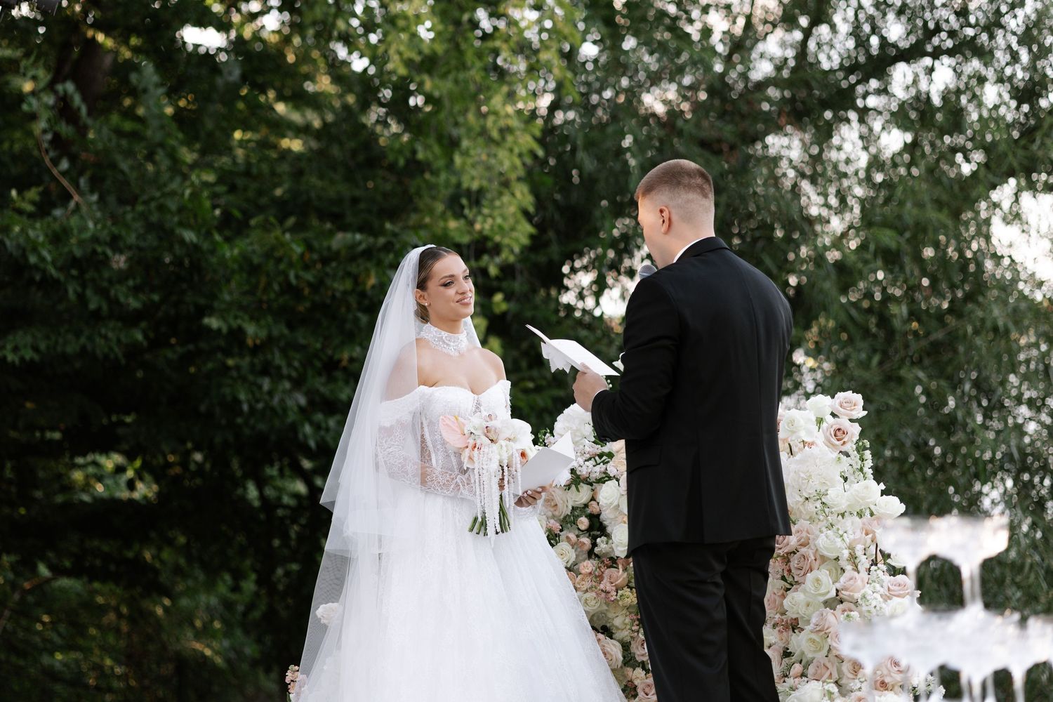 A collection of outdoor wedding ceremony moments captured against a lush green garden backdrop.