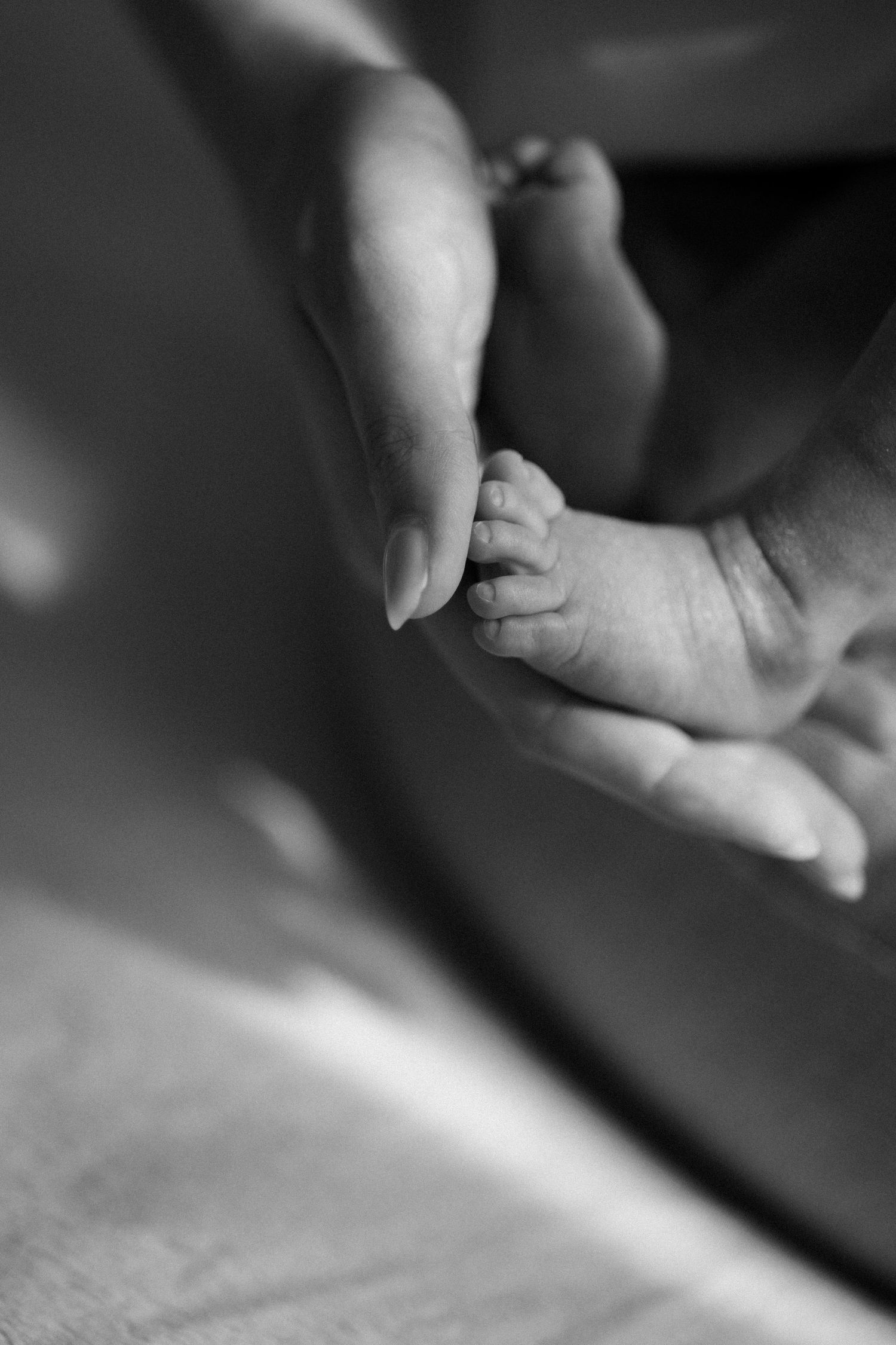 Black and white image of an adult hand gently touching a baby's tiny foot.