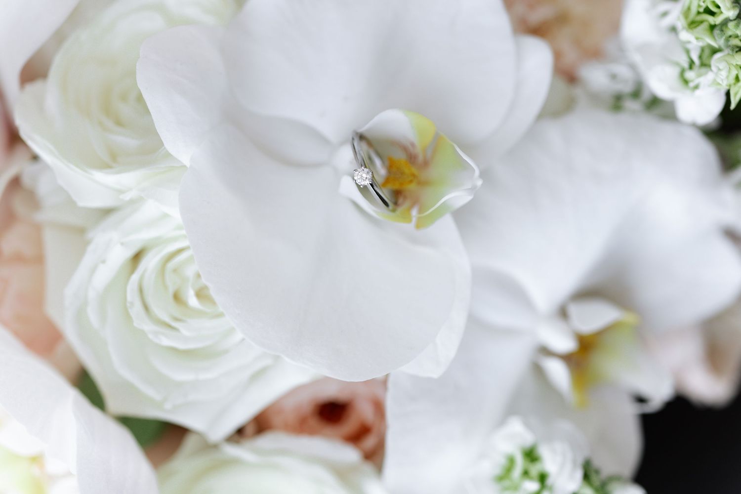 Close-up of delicate white roses and ranunculus flowers arranged in a romantic wedding bouquet.