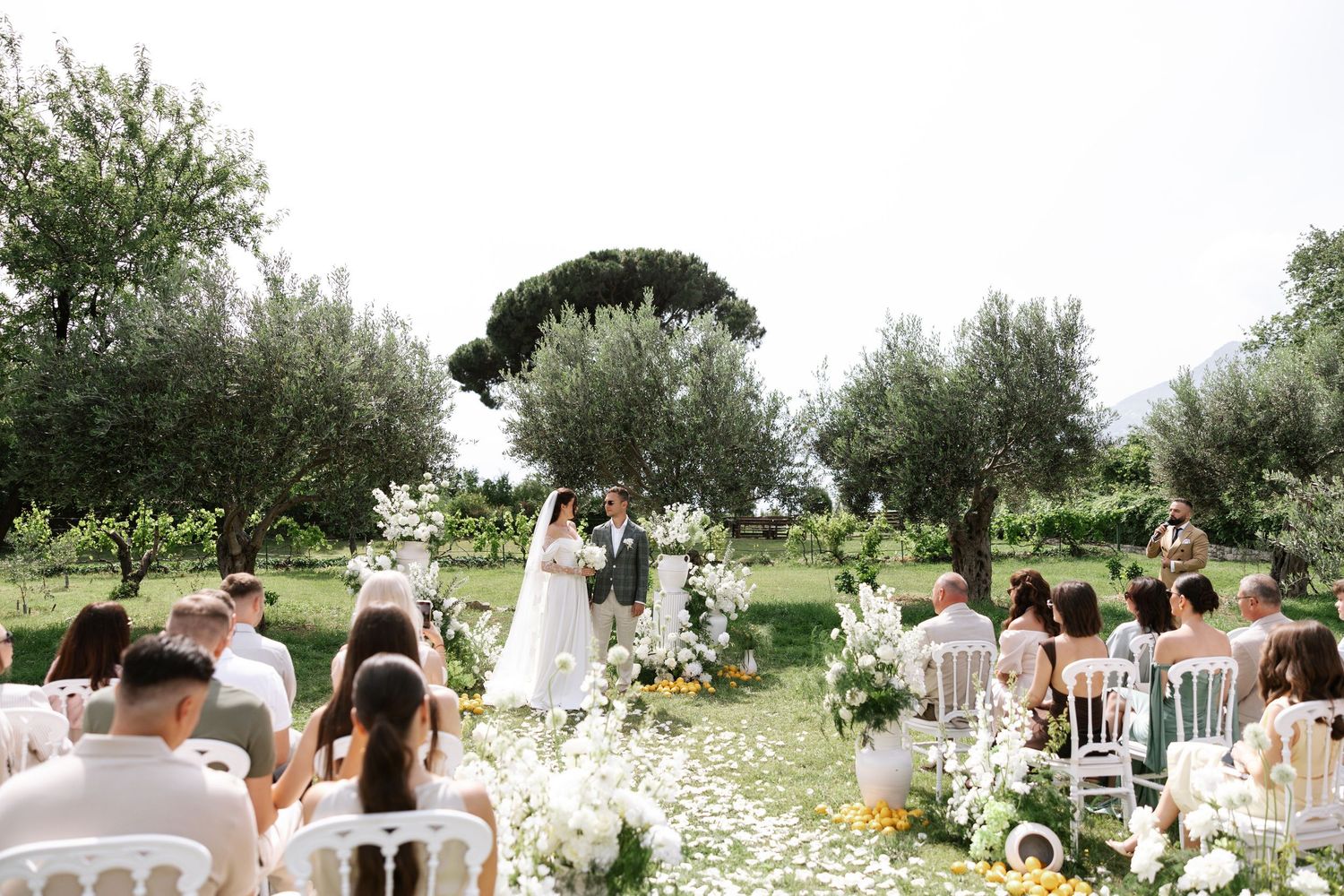 A scenic outdoor wedding ceremony setup with white chairs and floral arrangements in an olive grove garden setting.