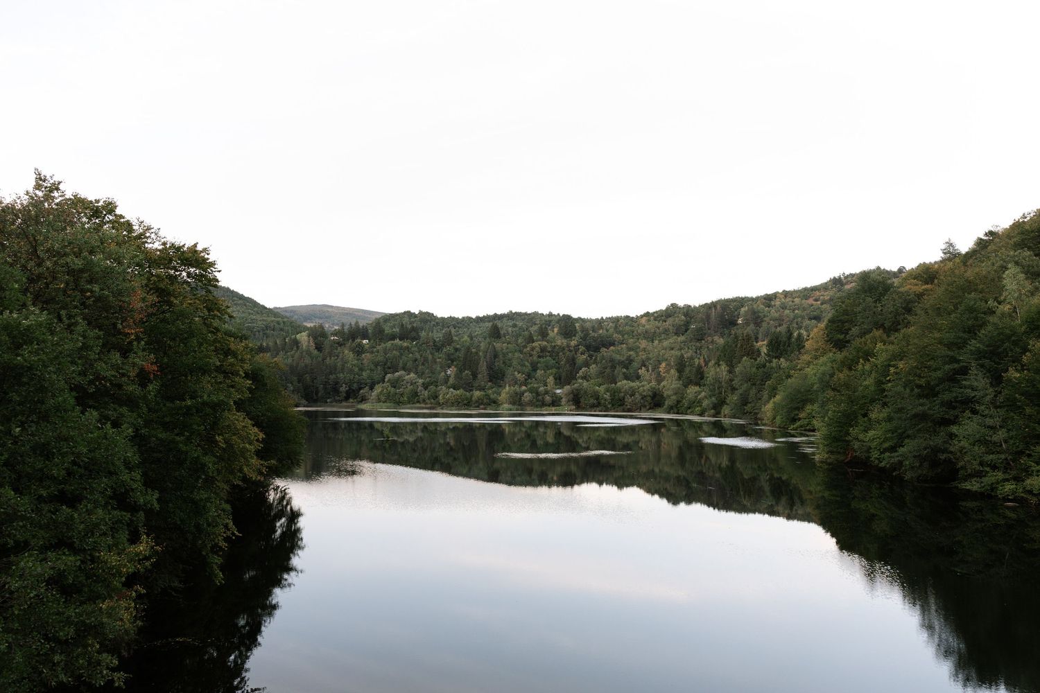 A scenic lake surrounded by lush green forest with calm waters reflecting the overcast sky and tree-lined shores.